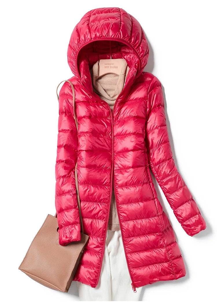 Women's Long Jacket with Removable Hood - Puffer Style