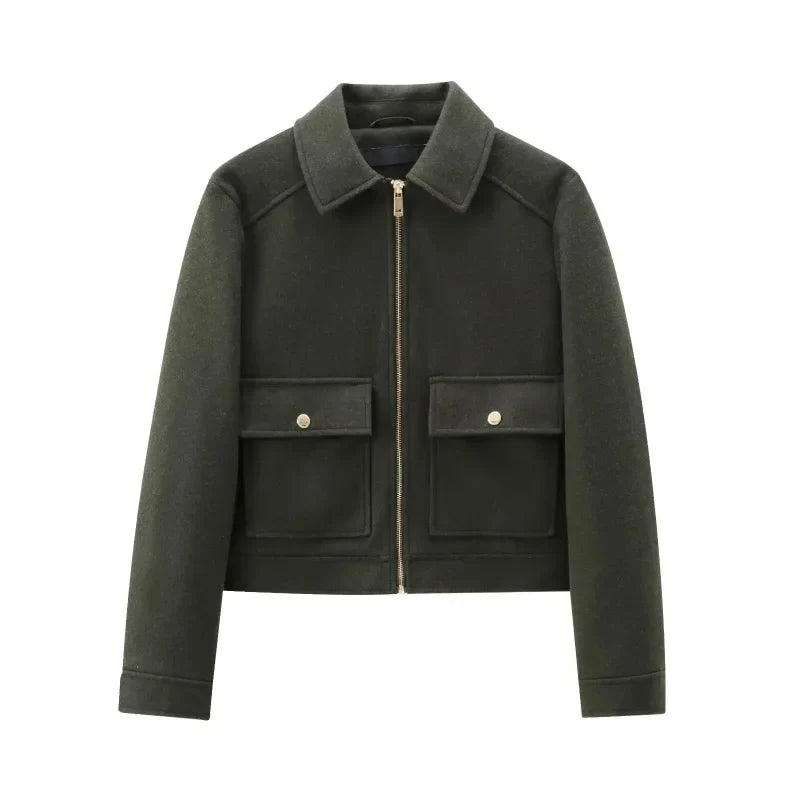 Elegant Women's Vintage Warm Coat with Zipper Pockets