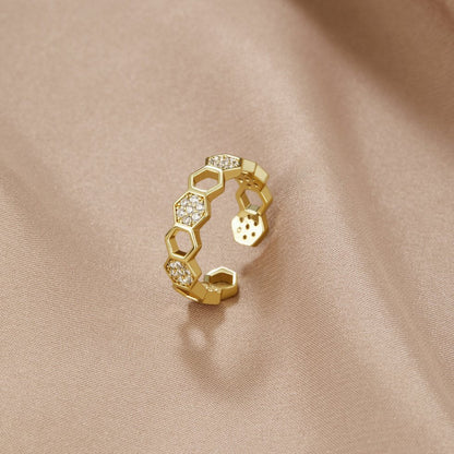 Gold and Crystal Honeycomb Ring