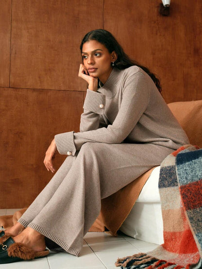 Premium Knitted Two-Piece Set – High Neck Sweater & Wide-Leg Trousers
