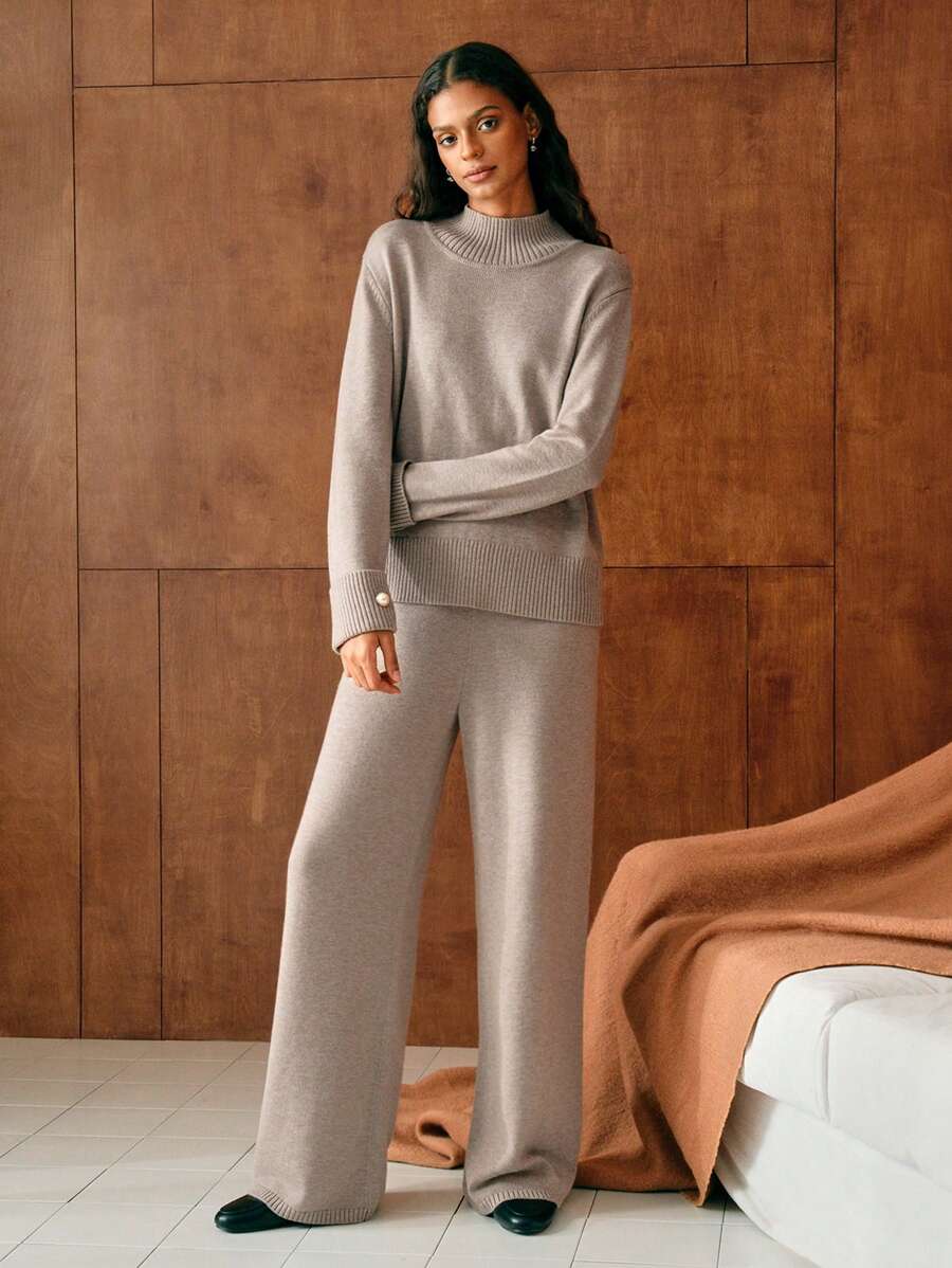 Premium Knitted Two-Piece Set – High Neck Sweater & Wide-Leg Trousers