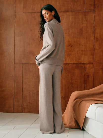 Premium Knitted Two-Piece Set – High Neck Sweater & Wide-Leg Trousers