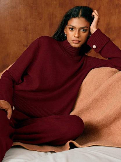 Premium Knitted Two-Piece Set – High Neck Sweater & Wide-Leg Trousers