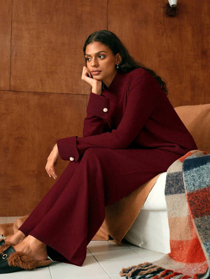 Premium Knitted Two-Piece Set – High Neck Sweater & Wide-Leg Trousers