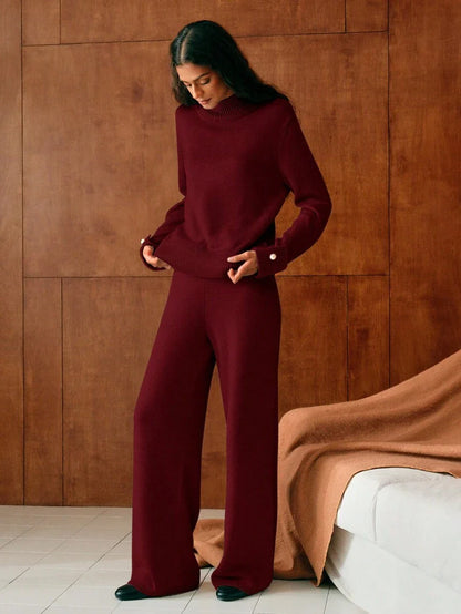 Premium Knitted Two-Piece Set – High Neck Sweater & Wide-Leg Trousers