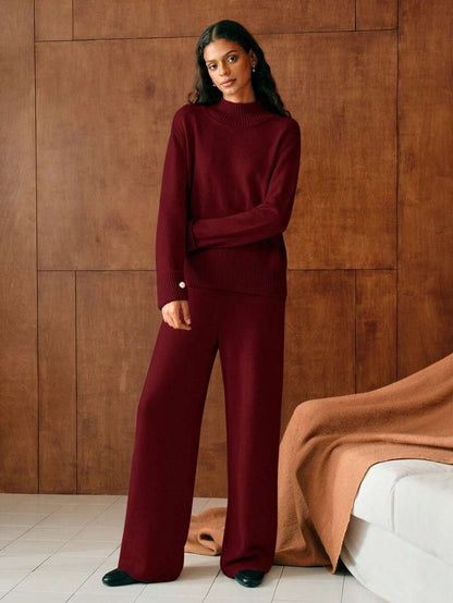 Premium Knitted Two-Piece Set – High Neck Sweater & Wide-Leg Trousers
