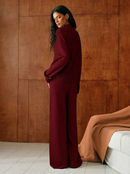 Premium Knitted Two-Piece Set – High Neck Sweater & Wide-Leg Trousers