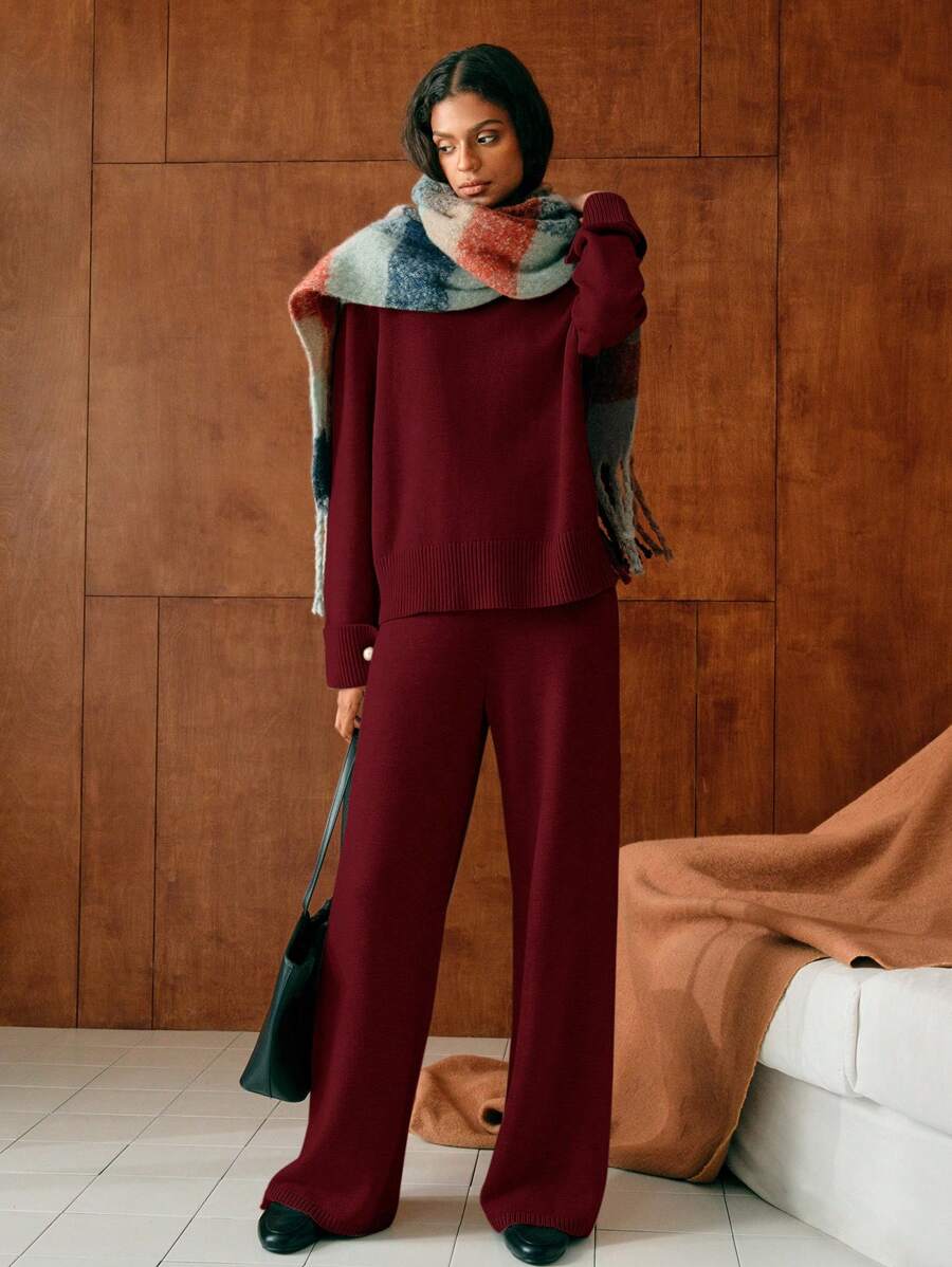 Premium Knitted Two-Piece Set – High Neck Sweater & Wide-Leg Trousers