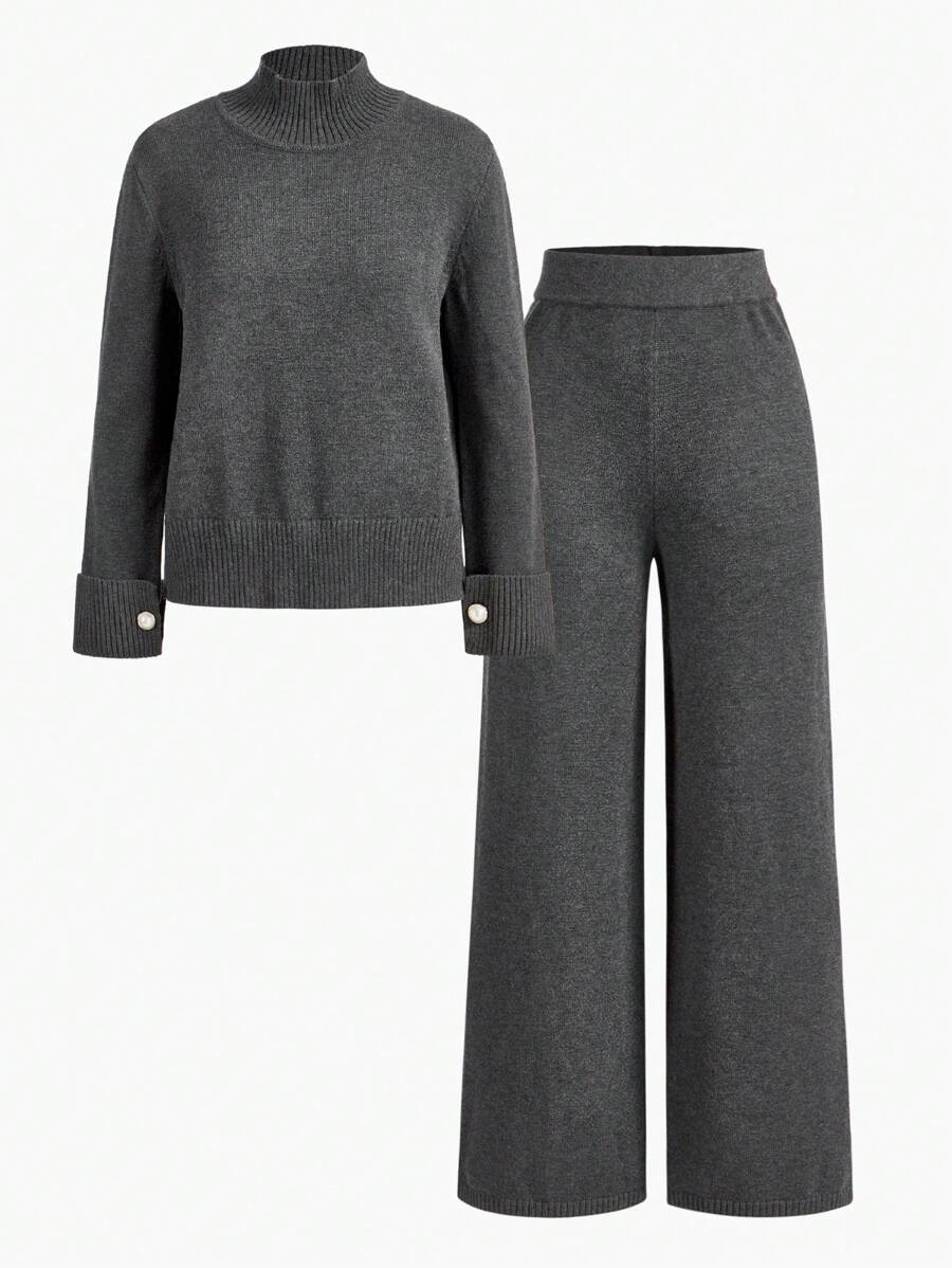 Premium Knitted Two-Piece Set – High Neck Sweater & Wide-Leg Trousers