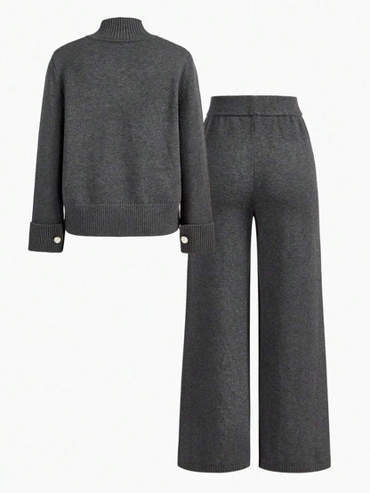 Premium Knitted Two-Piece Set – High Neck Sweater & Wide-Leg Trousers