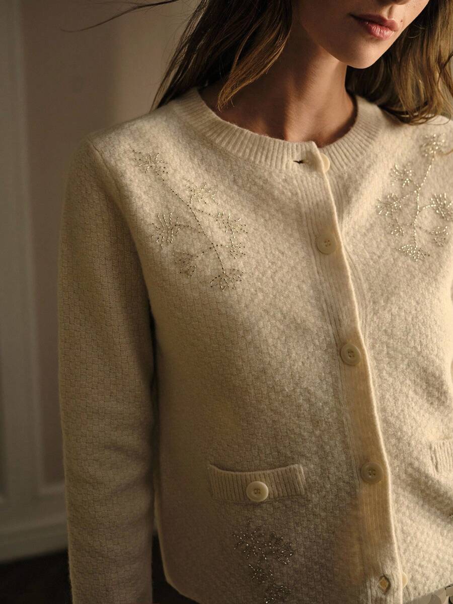 Premium Embroidered and Button Cardigan – Soft Apricot Knit Edition