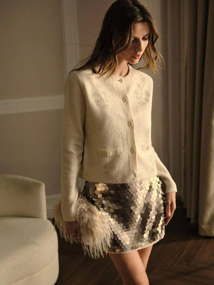 Premium Embroidered and Button Cardigan – Soft Apricot Knit Edition