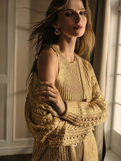 Premium V-Neck Button Cardigan – Soft Gold Knit Edition