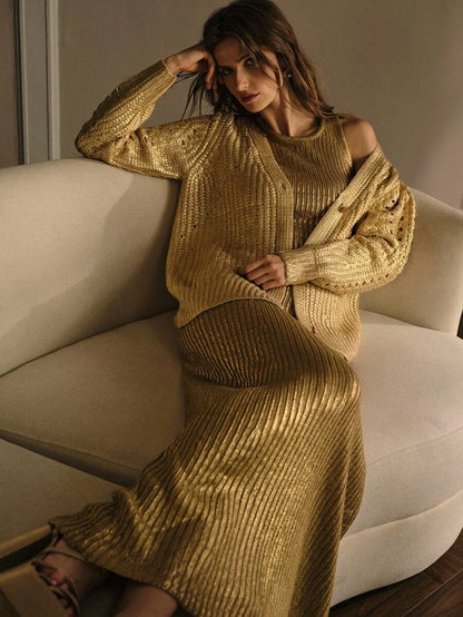 Premium V-Neck Button Cardigan – Soft Gold Knit Edition