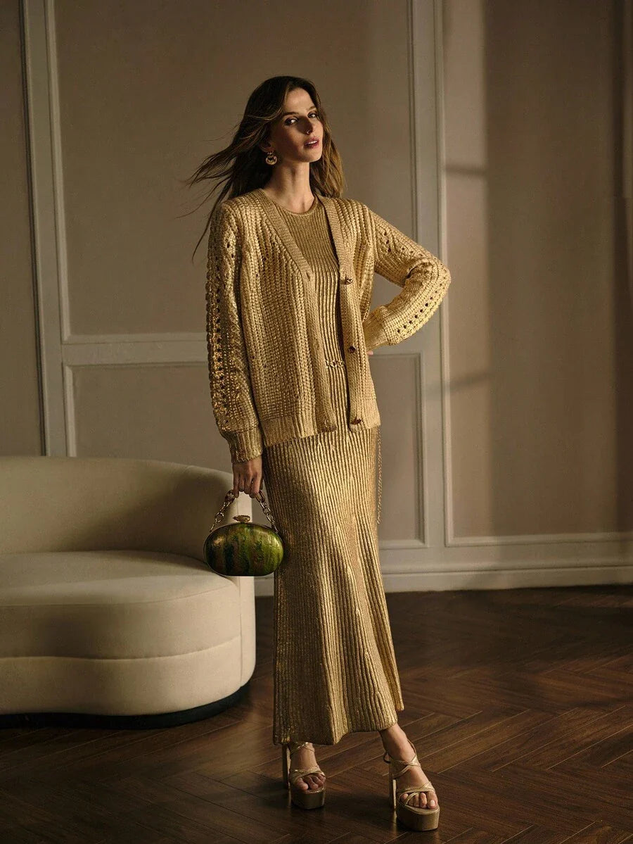 Premium V-Neck Button Cardigan – Soft Gold Knit Edition