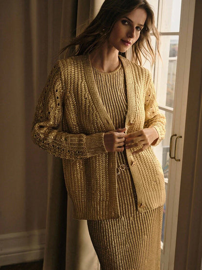 Premium V-Neck Button Cardigan – Soft Gold Knit Edition
