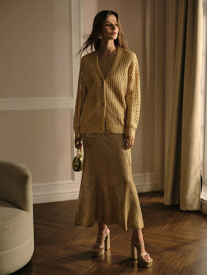 Premium V-Neck Button Cardigan – Soft Gold Knit Edition