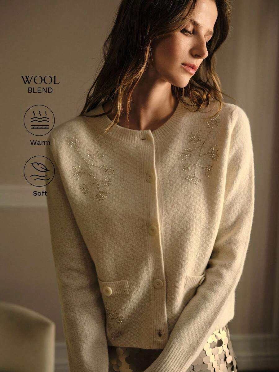 Premium Embroidered and Button Cardigan – Soft Apricot Knit Edition