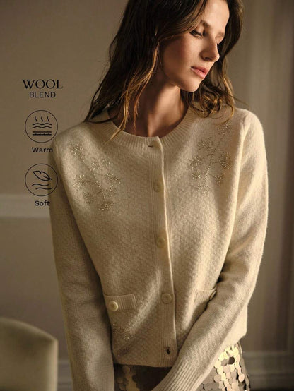 Premium Embroidered and Button Cardigan – Soft Apricot Knit Edition