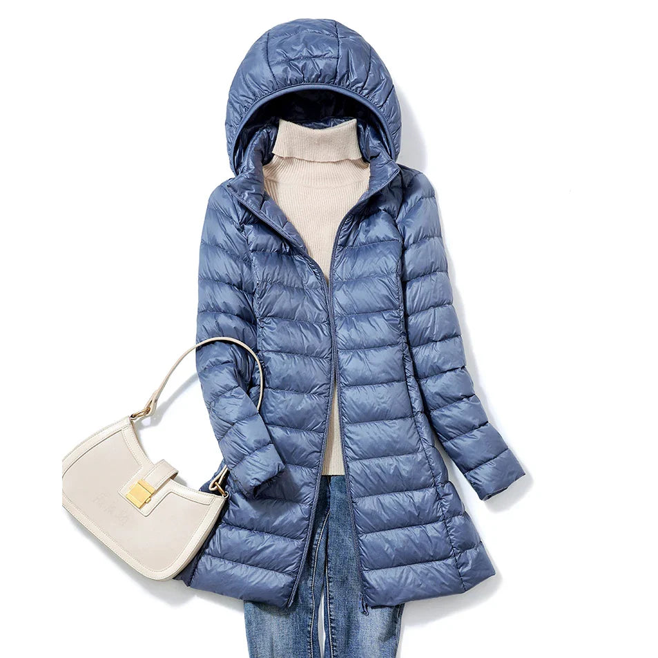 Women's Long Jacket with Removable Hood - Puffer Style