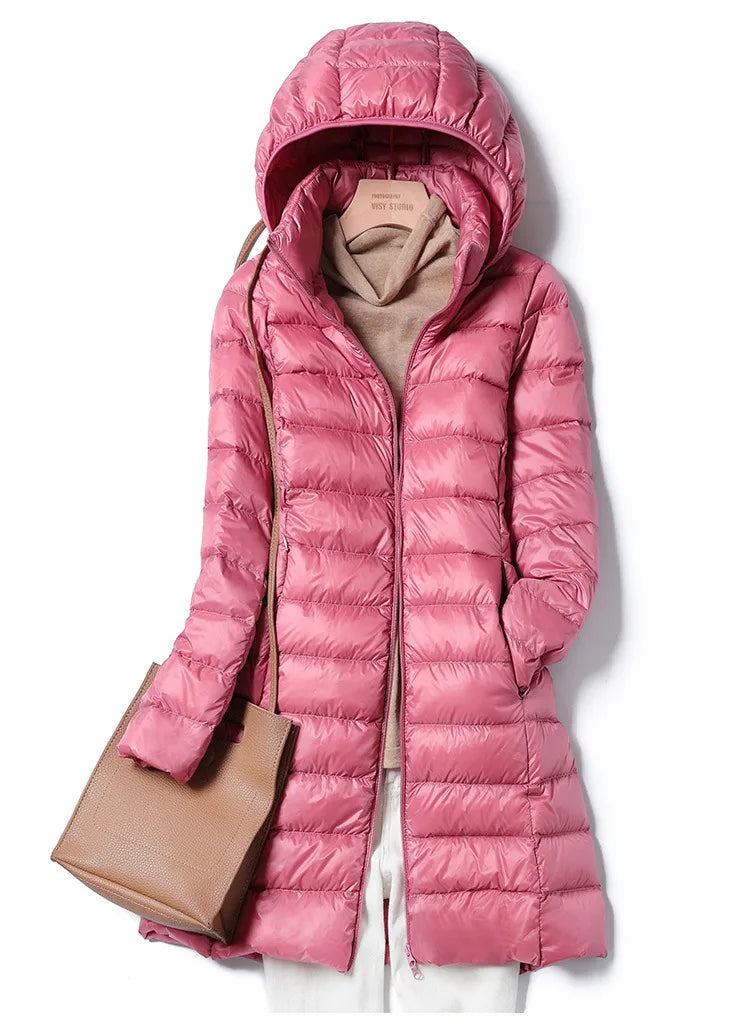 Women's Long Jacket with Removable Hood - Puffer Style