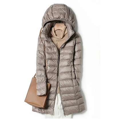 Women's Long Jacket with Removable Hood - Puffer Style