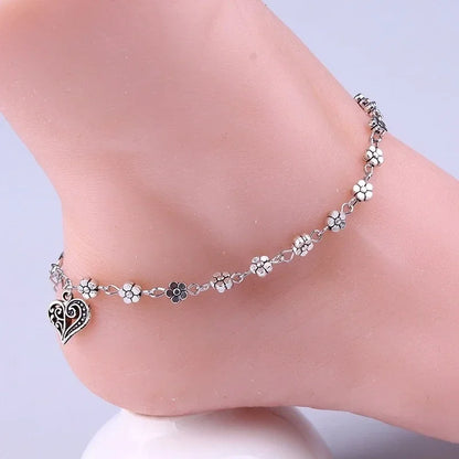 Floral Anklet with Heart Pendant