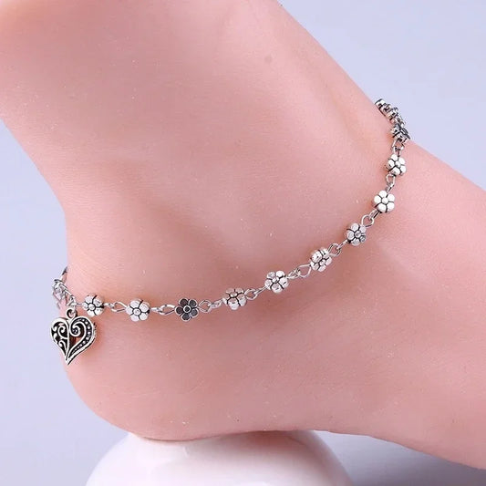 Floral Anklet with Heart Pendant