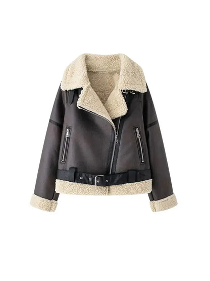 Women's Thick Warm Suede Jacket with Belt