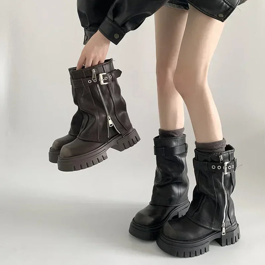 Elegant Women's Biker Boots with Fashion Belt Buckle