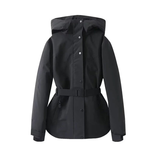 Elegant Women's Hooded Jacket with Cinched Waist