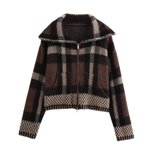 Elegant Plaid Pocket Zipper Sweater Coat for Women