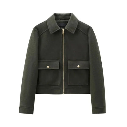 Elegant Women's Vintage Warm Coat with Zipper Pockets