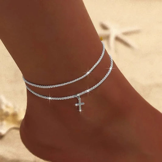 Silver Color Double Layer Shiny Chains Anklet