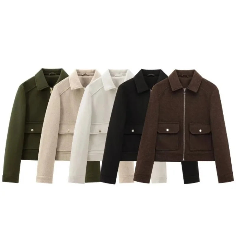 Elegant Women's Vintage Warm Coat with Zipper Pockets