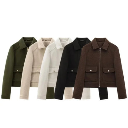 Elegant Women's Vintage Warm Coat with Zipper Pockets