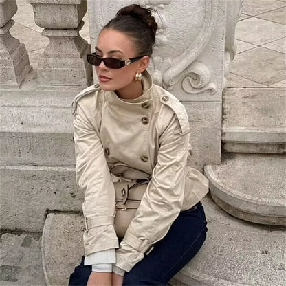 Elite Women's Cropped Trench Coat with Belt - Spring Fashion 2025