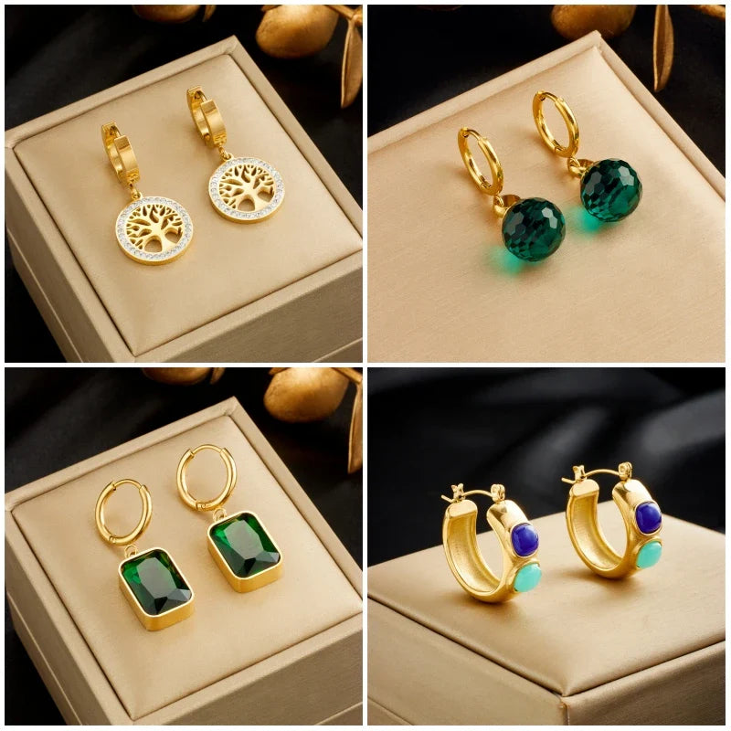 Stainless Steel Geometric Crystal Earrings