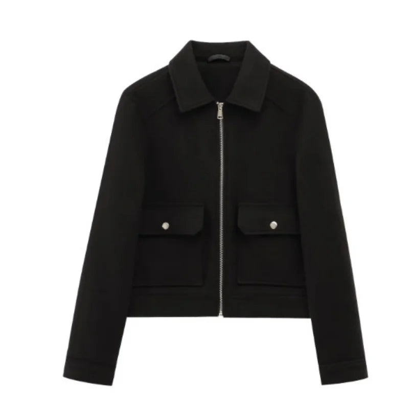 Elegant Women's Vintage Warm Coat with Zipper Pockets