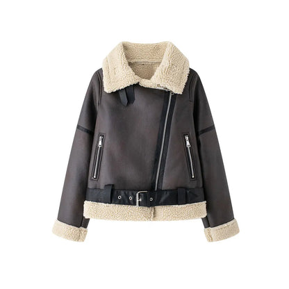 Women's Thick Warm Suede Jacket with Belt