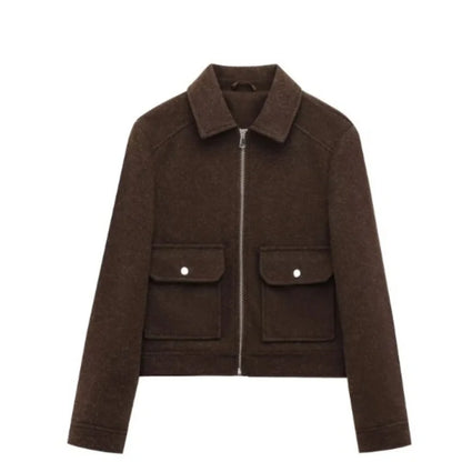 Elegant Women's Vintage Warm Coat with Zipper Pockets