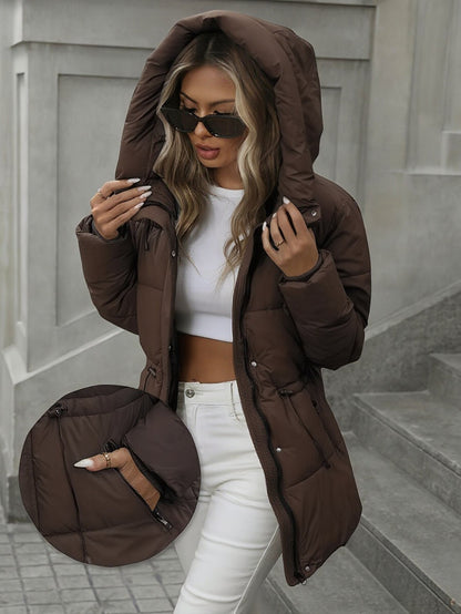 Women's Warm Padded Hooded Cardigan Jacket with Zipper and Adjustable Waist